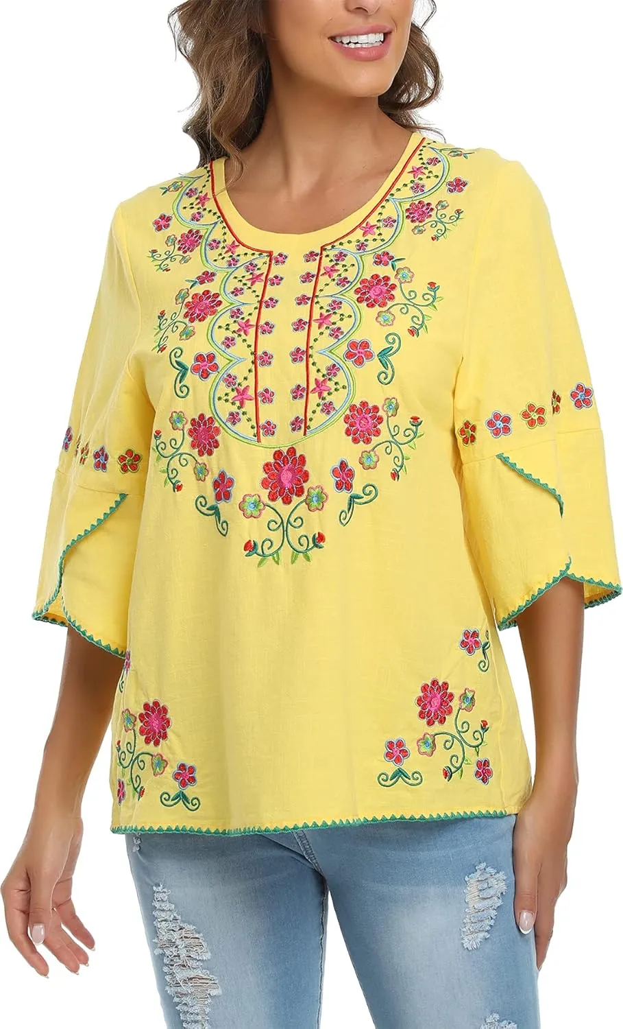 Mexican Shirts Peasant Blouses for Women Cotton Embroidered Blouses Fiesta Summer Bohemian Shirts 3/4 Sleeves