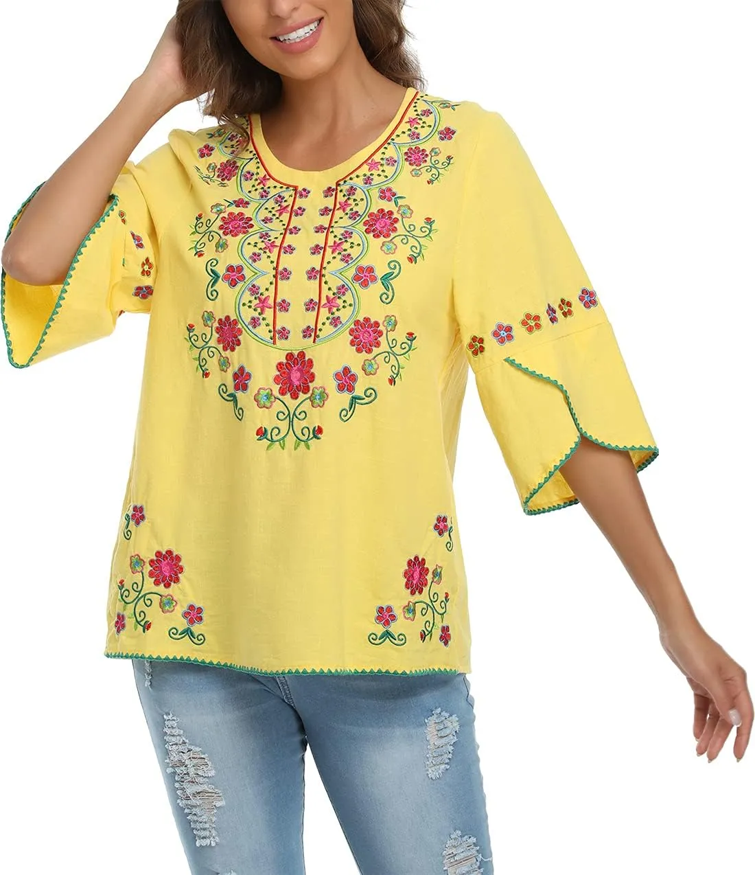 Mexican Shirts Peasant Blouses for Women Cotton Embroidered Blouses Fiesta Summer Bohemian Shirts 3/4 Sleeves