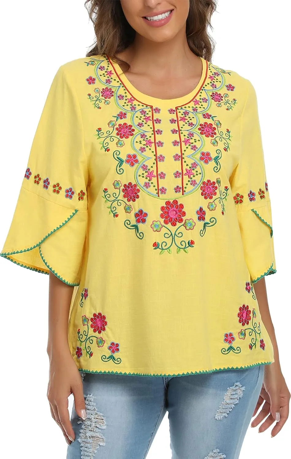 Mexican Shirts Peasant Blouses for Women Cotton Embroidered Blouses Fiesta Summer Bohemian Shirts 3/4 Sleeves