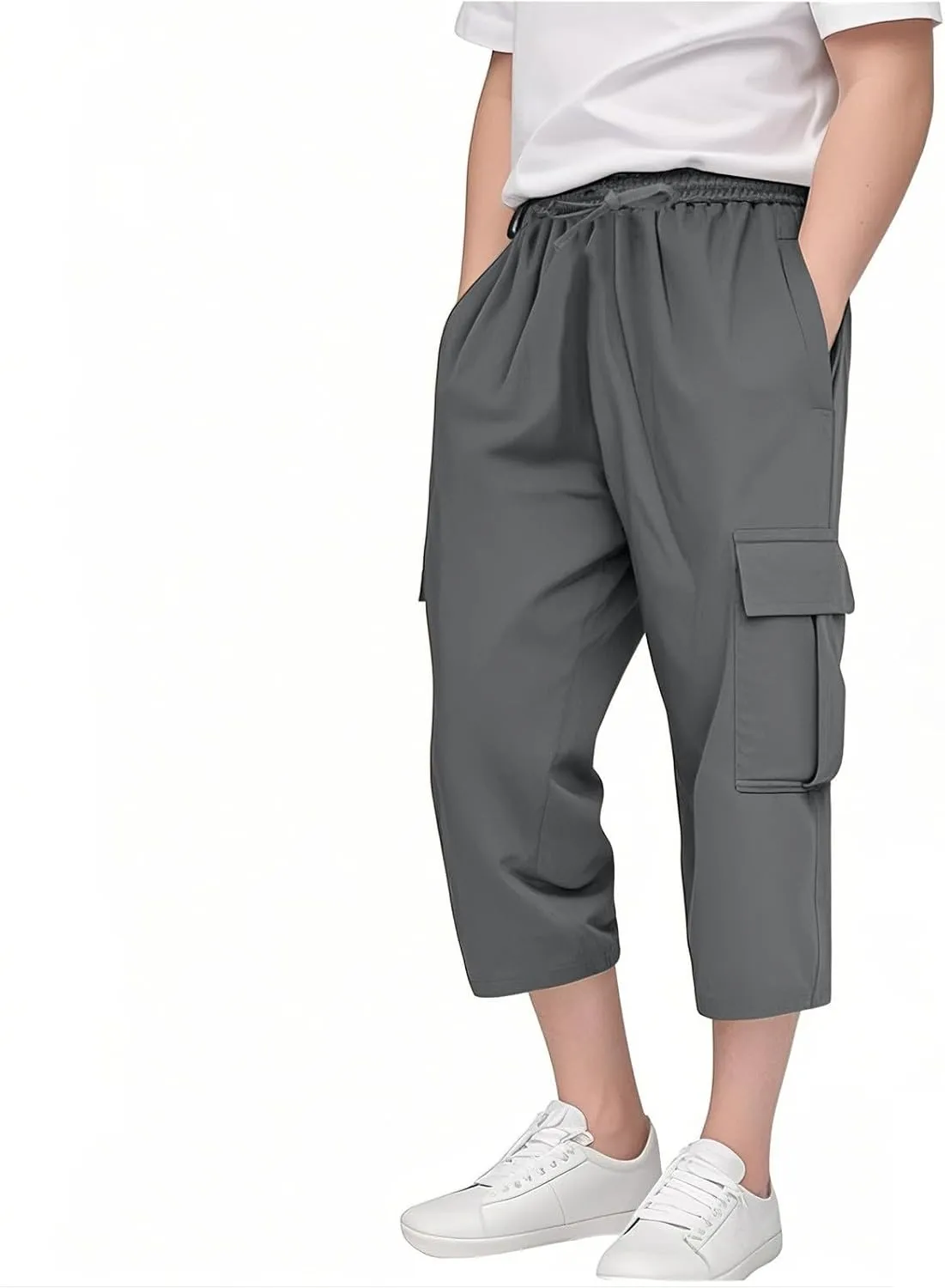 Moonker Boys Nylon 3/4 Cargo Pants for Girls Straight Wide Leg Elastic High Waist Trousers Solid Color Youth
