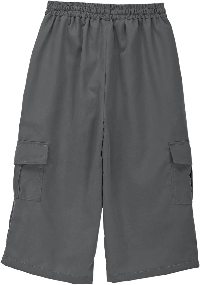 Moonker Boys Nylon 3/4 Cargo Pants for Girls Straight Wide Leg Elastic High Waist Trousers Solid Color Youth