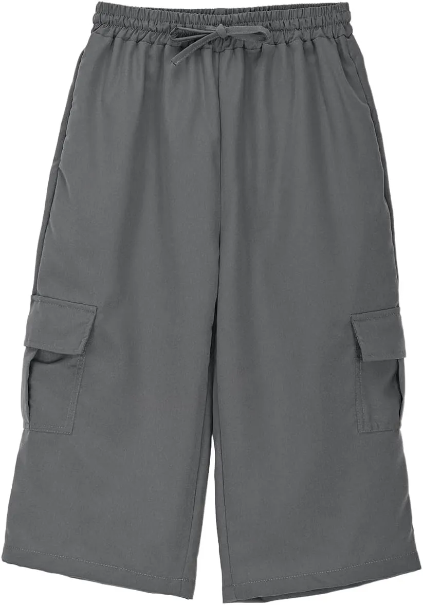 Moonker Boys Nylon 3/4 Cargo Pants for Girls Straight Wide Leg Elastic High Waist Trousers Solid Color Youth