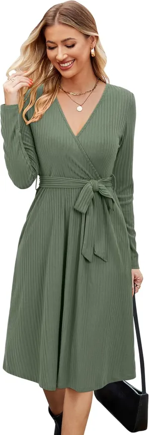 Newshows Womens 2024 Fall Sweater Dress Long Sleeve Business Casual Outfits V Neck Ribbed Knit Belt Trendy with Pockets