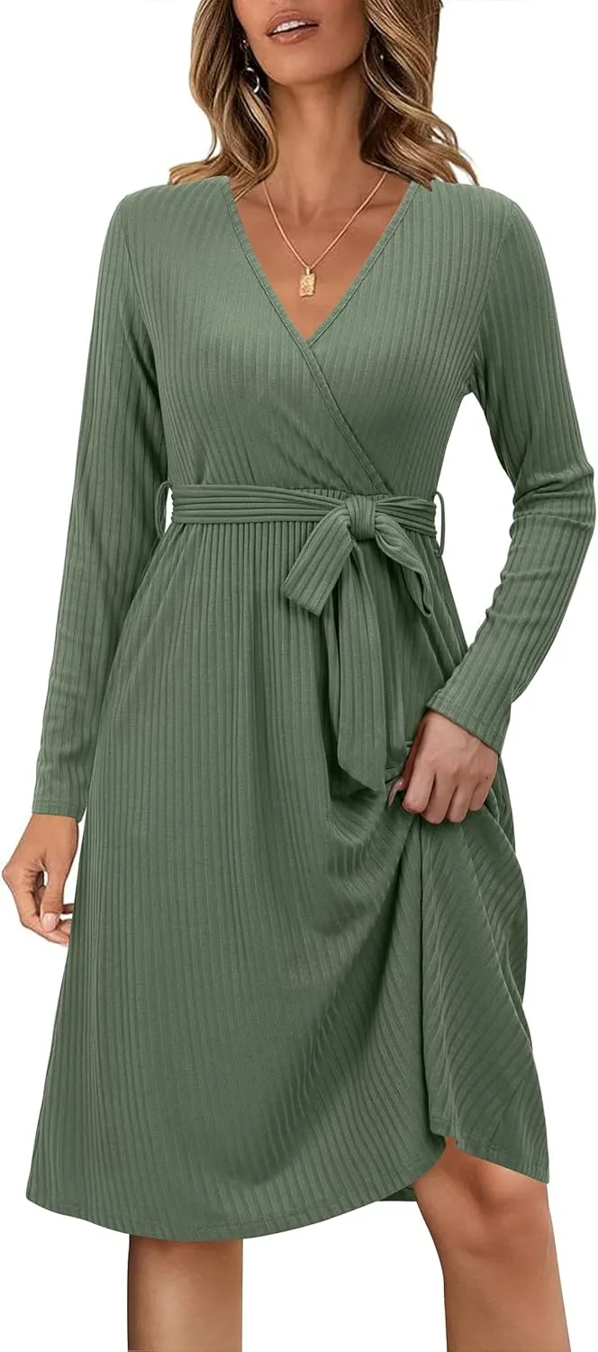 Newshows Womens 2024 Fall Sweater Dress Long Sleeve Business Casual Outfits V Neck Ribbed Knit Belt Trendy with Pockets