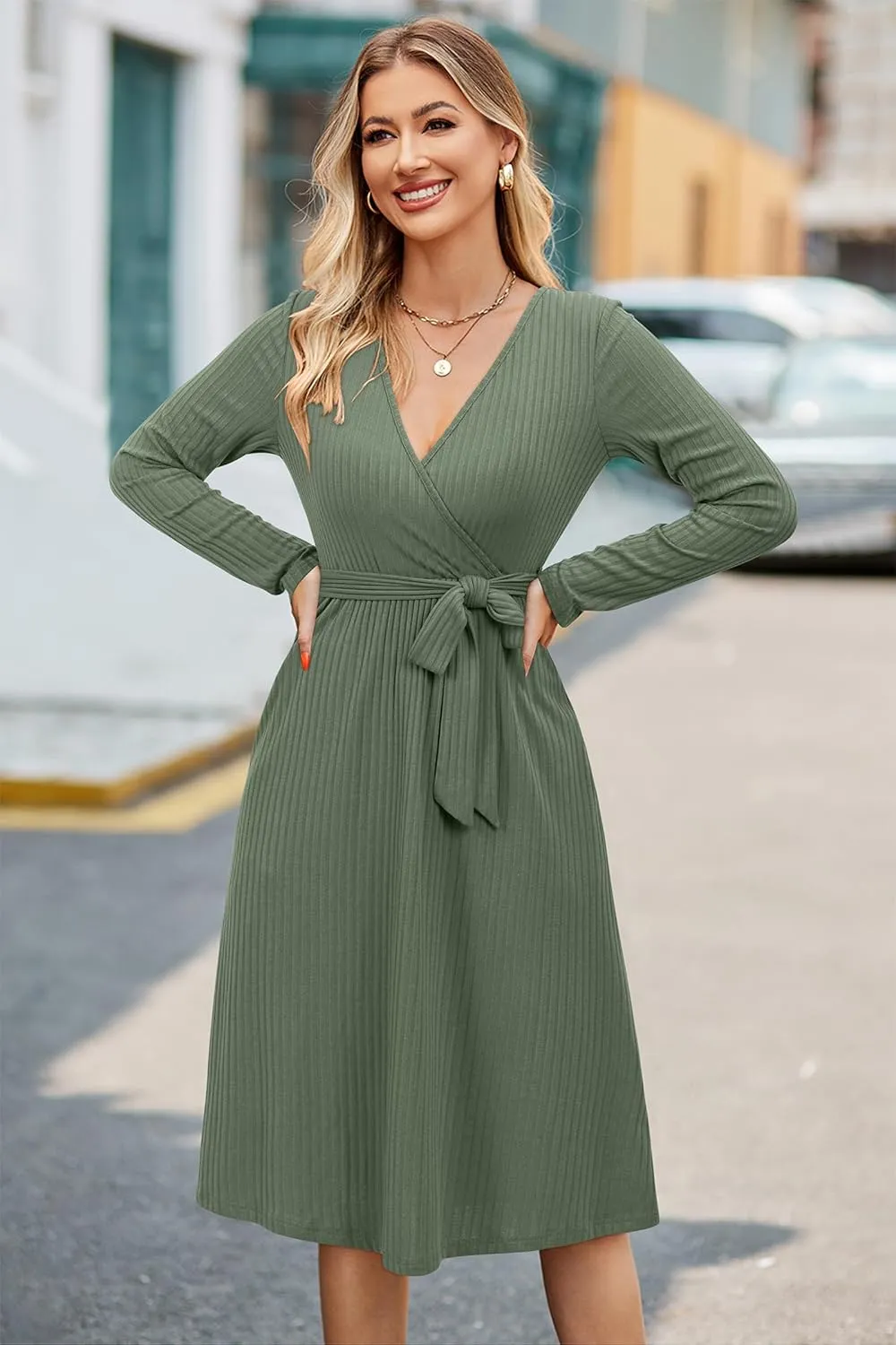 Newshows Womens 2024 Fall Sweater Dress Long Sleeve Business Casual Outfits V Neck Ribbed Knit Belt Trendy with Pockets
