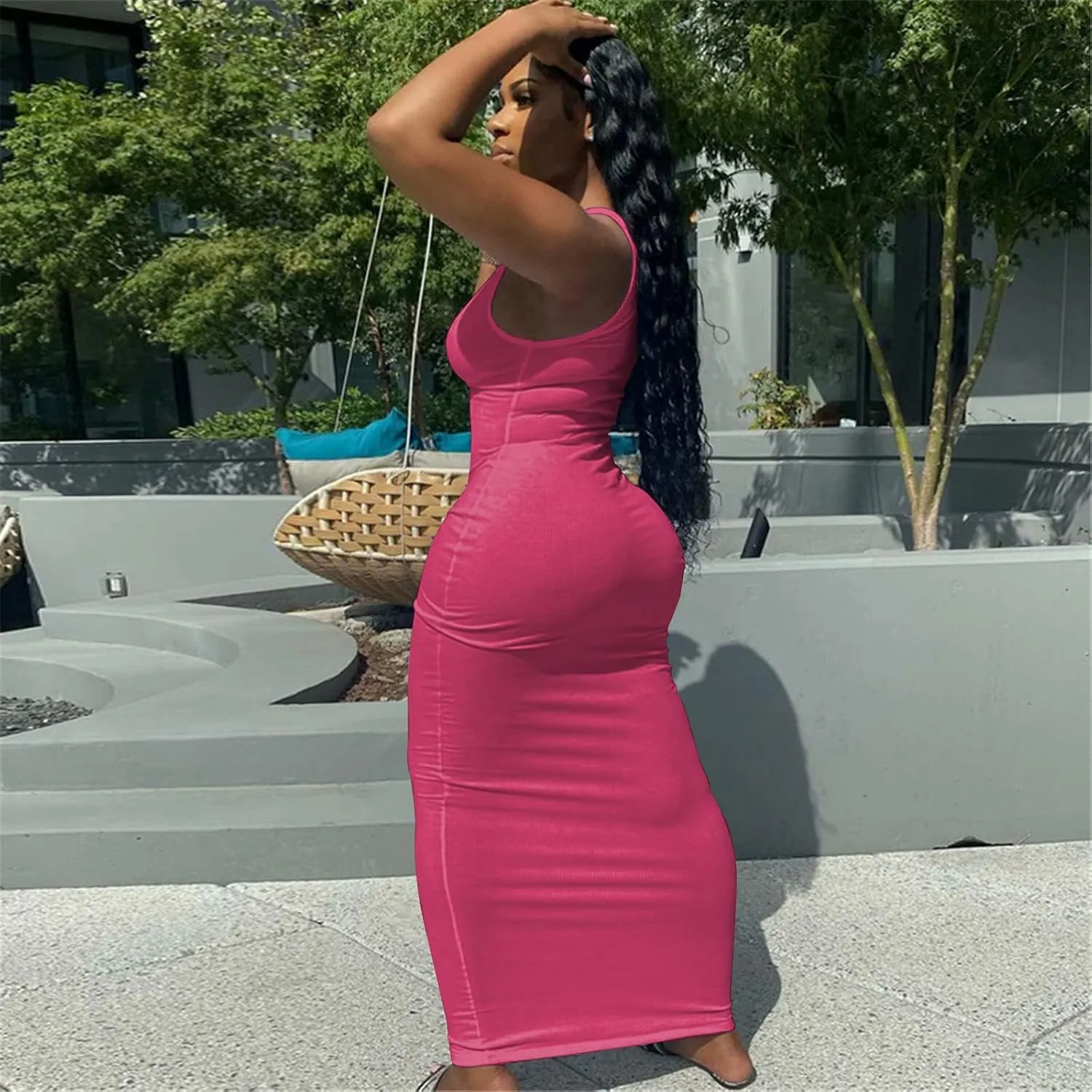 Nimsruc Women Casual Sexy Deep U Neck Tank Top Bodycon Dress Summer Sleeveless Wrap Long Basic Party Club Maxi Dresses