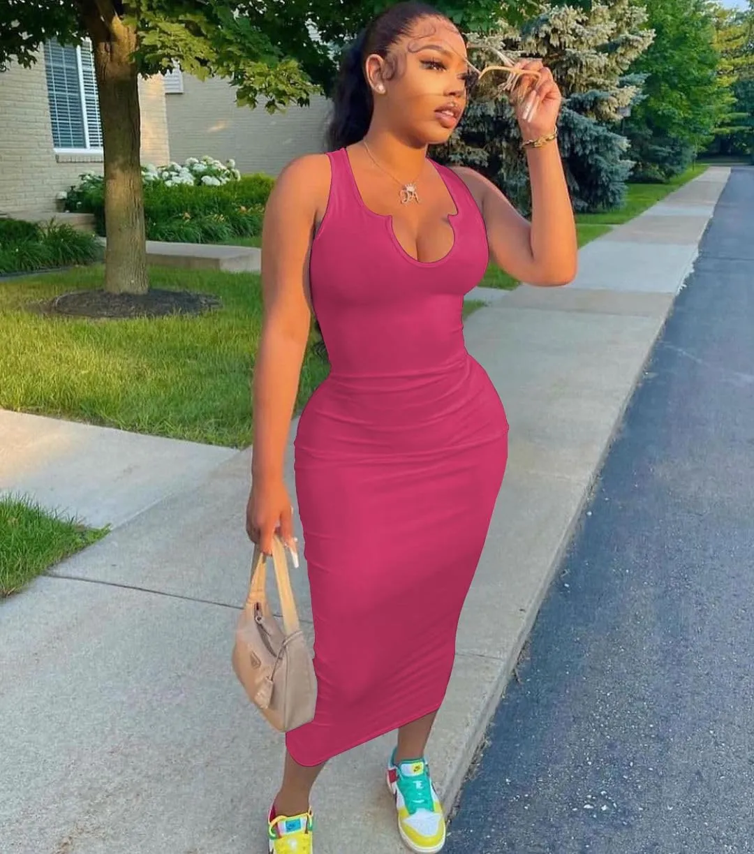 Nimsruc Women Casual Sexy Deep U Neck Tank Top Bodycon Dress Summer Sleeveless Wrap Long Basic Party Club Maxi Dresses