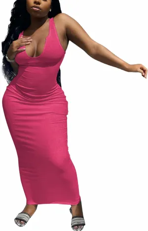 Nimsruc Women Casual Sexy Deep U Neck Tank Top Bodycon Dress Summer Sleeveless Wrap Long Basic Party Club Maxi Dresses