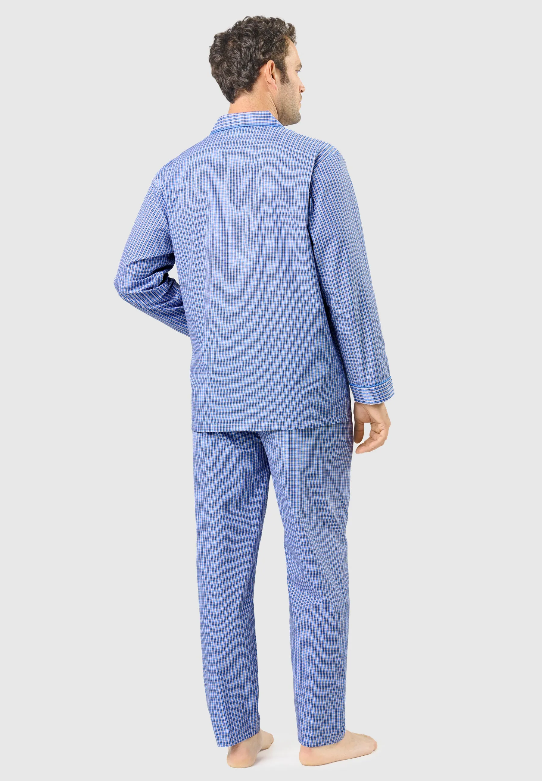 Pijama Hombre Largo Solapa Algodón Popelín Cuadros - Azul 1535_30