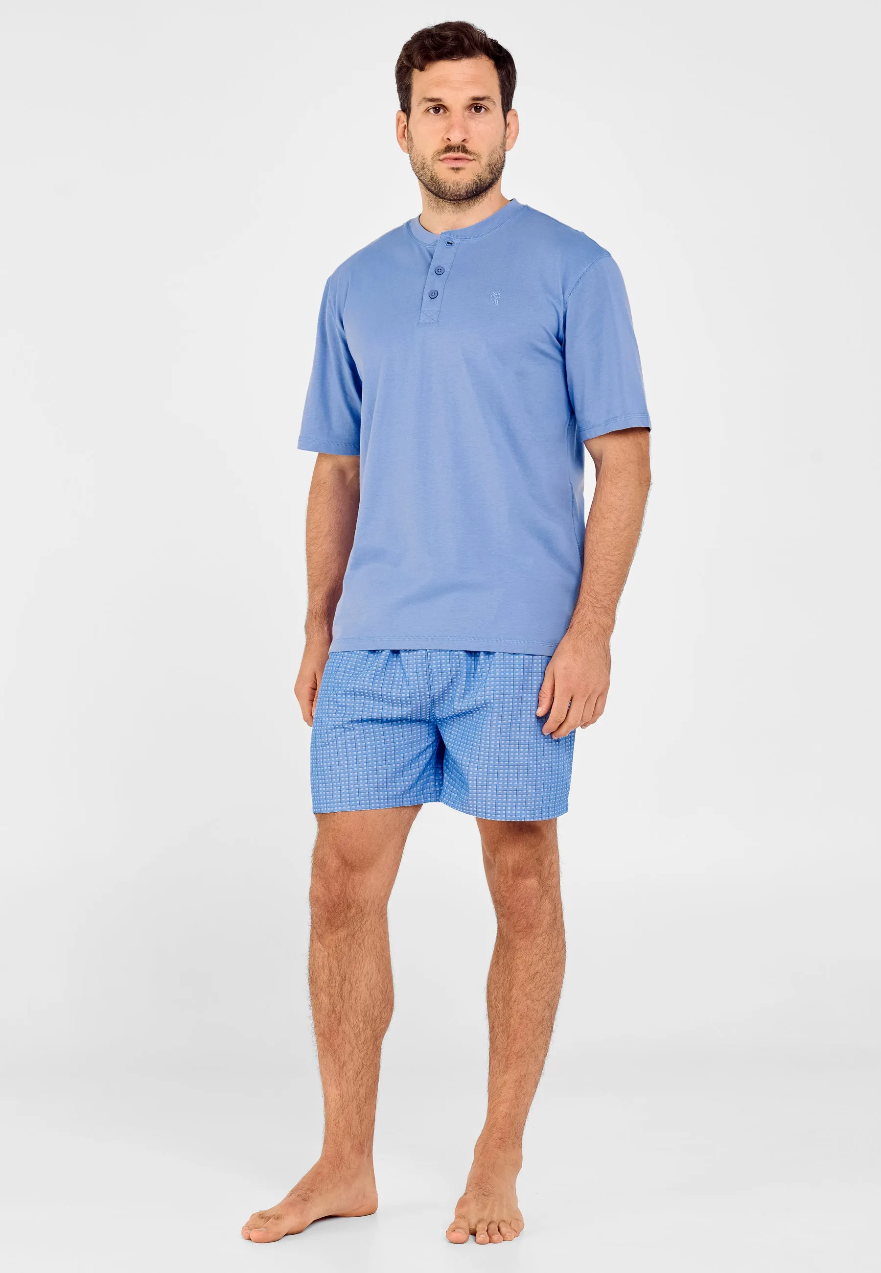 Pijama Hombre Verano Corto Tapeta Algodón Punto Liso Tela Estampado - Azul 3606_37