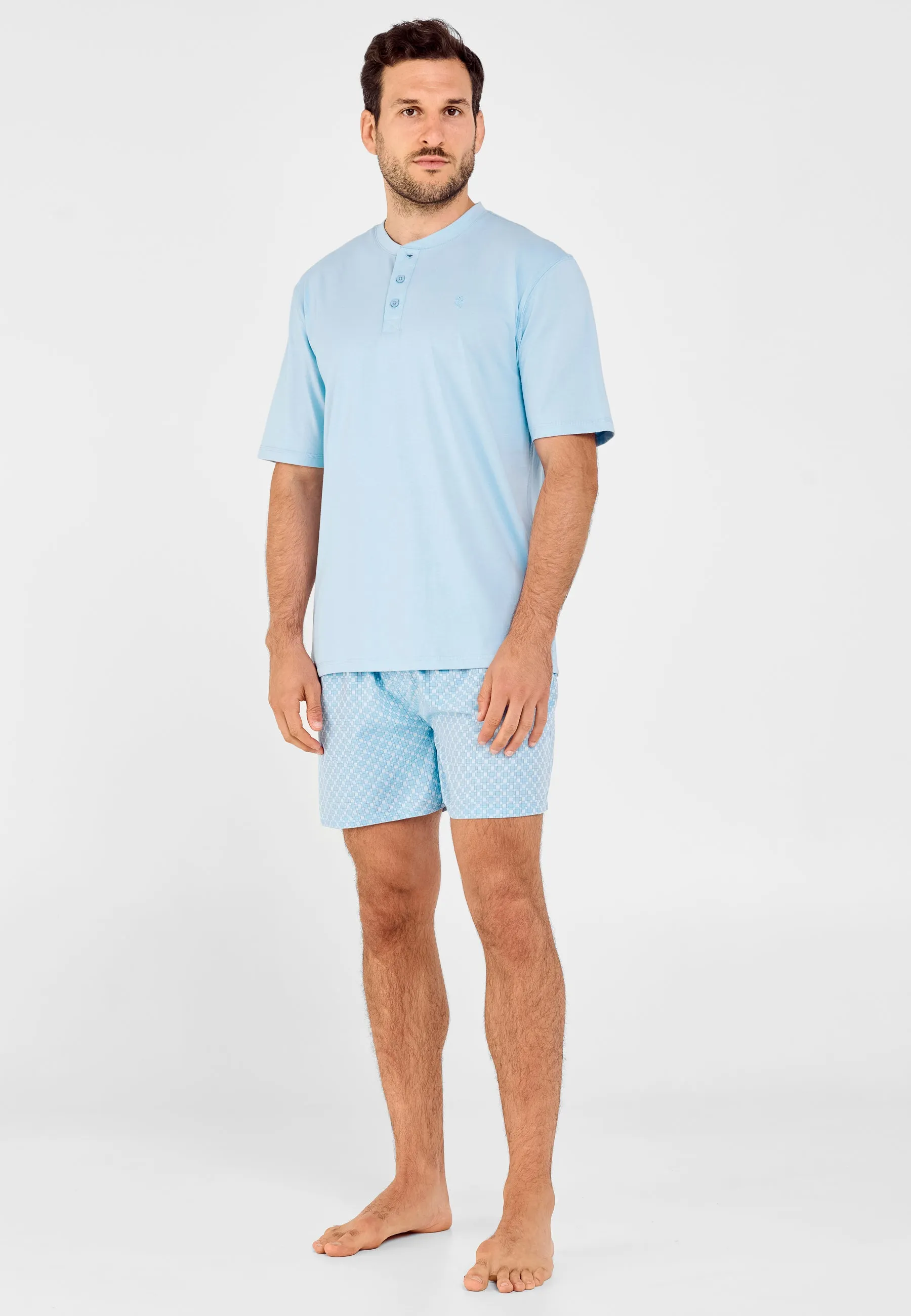 Pijama Hombre Verano Corto Tapeta Algodón Punto Liso Tela Estampado - Azul 3607_30