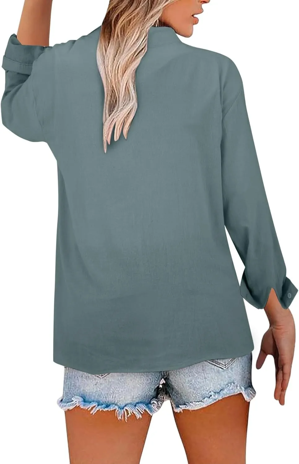 Plus Size Linen Tops for Women V Neck Long Sleeve Button Down Shirts Office Work Blouse Summer Beach Vacation Tunics