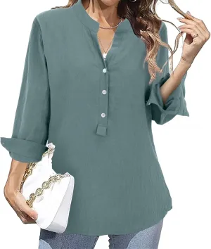 Plus Size Linen Tops for Women V Neck Long Sleeve Button Down Shirts Office Work Blouse Summer Beach Vacation Tunics