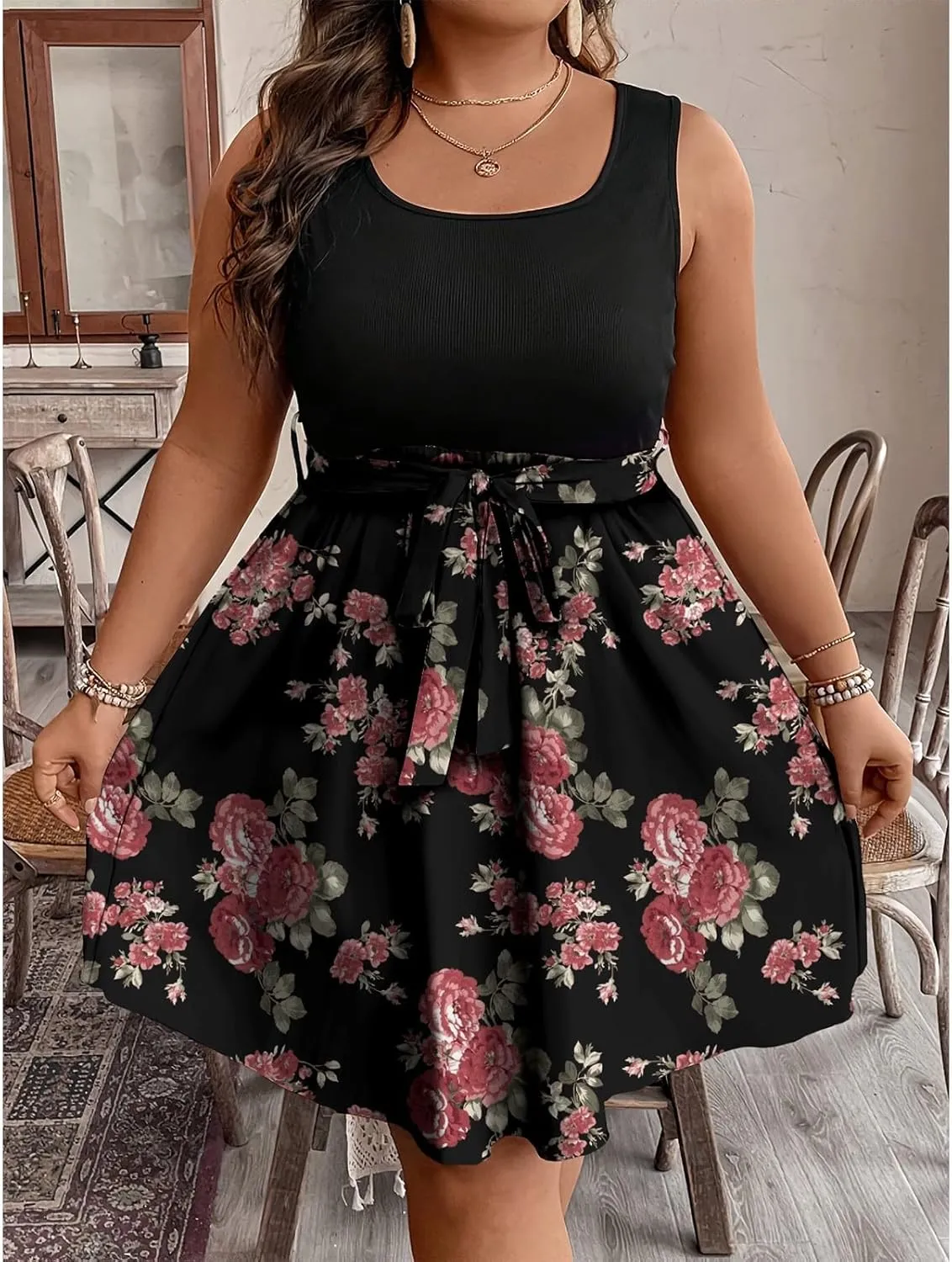 Plus Size Summer Sundress for Women Empire Waist Sleeveless Semi Formal Floral Dress Midi Length Belted Dresses