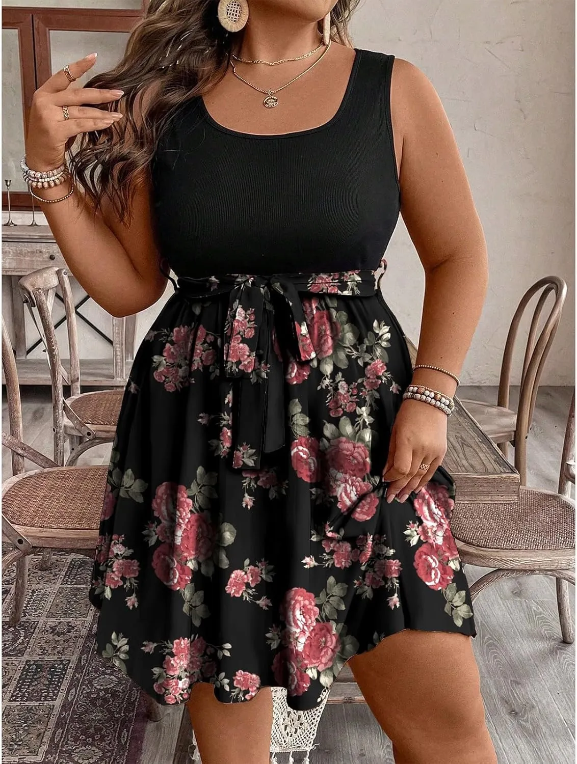 Plus Size Summer Sundress for Women Empire Waist Sleeveless Semi Formal Floral Dress Midi Length Belted Dresses