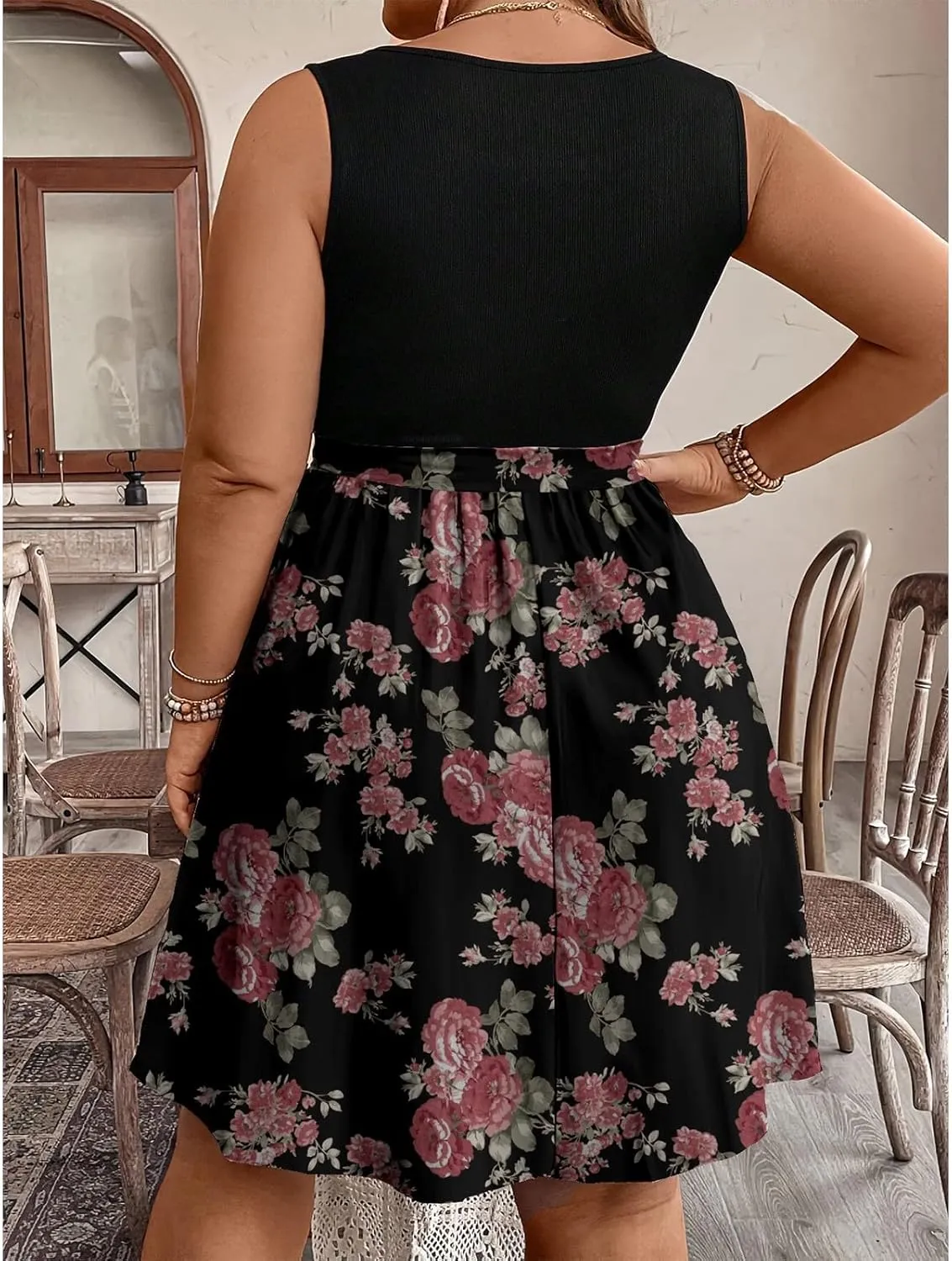 Plus Size Summer Sundress for Women Empire Waist Sleeveless Semi Formal Floral Dress Midi Length Belted Dresses