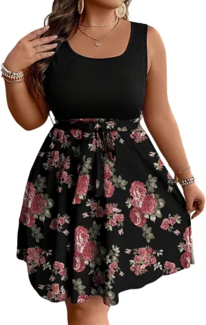 Plus Size Summer Sundress for Women Empire Waist Sleeveless Semi Formal Floral Dress Midi Length Belted Dresses