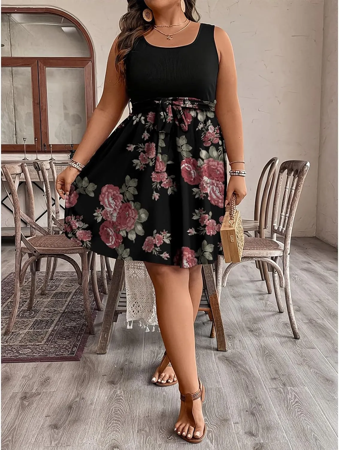 Plus Size Summer Sundress for Women Empire Waist Sleeveless Semi Formal Floral Dress Midi Length Belted Dresses