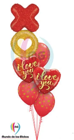 "XO" Beso y Abrazo  Metálico Gigante de 36" pulgadas & Corazones "I love You" Gold Script de 18" pulgadas metálicos con latex de corazones dorados impresos