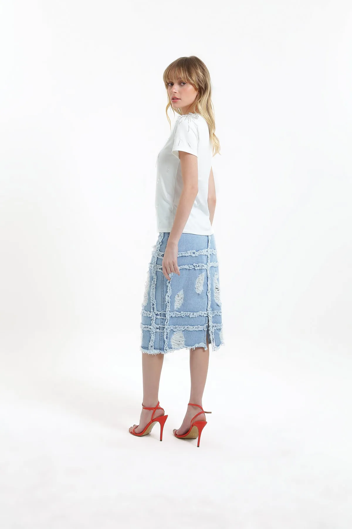 Saia Midi Destroyed em Jeans Defender