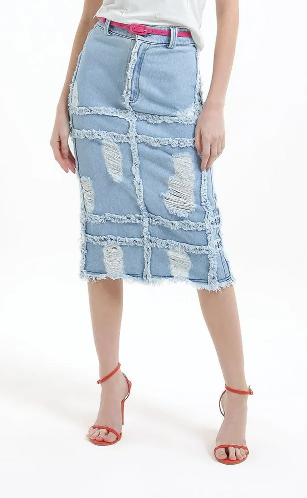 Saia Midi Destroyed em Jeans Defender