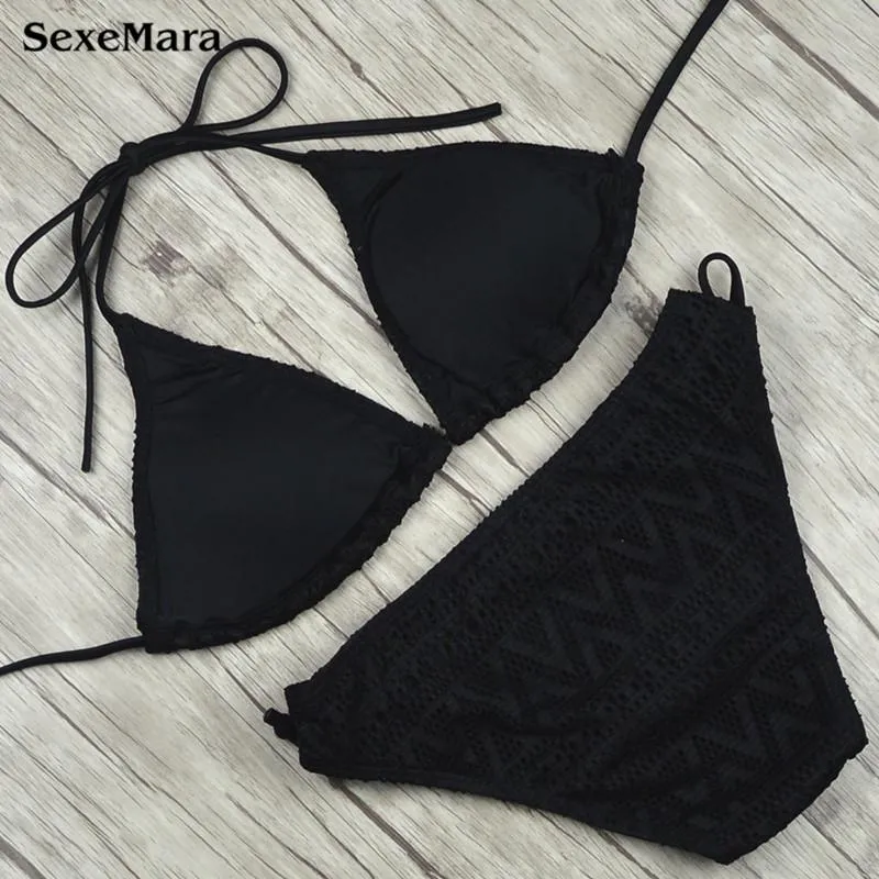 SEXEMARA XH2808 Black Sexy Bikini Bather Women Swimsuit Solid Push Up