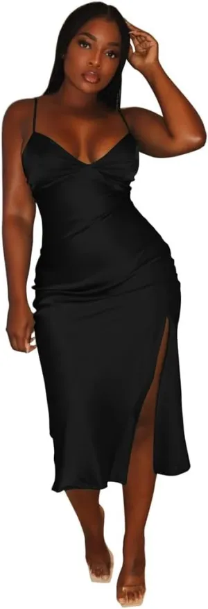 Spring V Neck Slit Suspenders Dresses Women Thin Strap Sleeveless Slim Vestidos Female Party Club Dresses