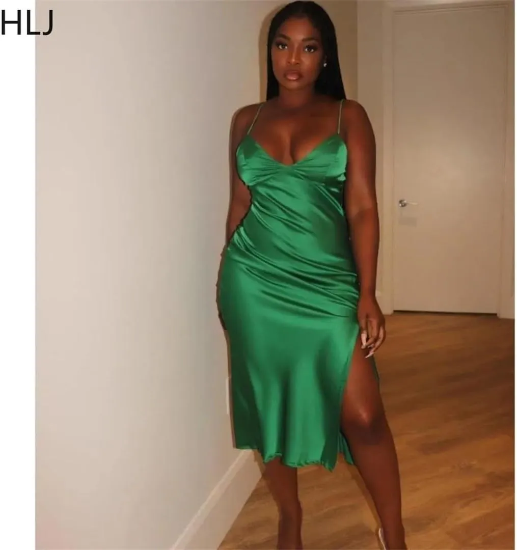 Spring V Neck Slit Suspenders Dresses Women Thin Strap Sleeveless Slim Vestidos Female Party Club Dresses