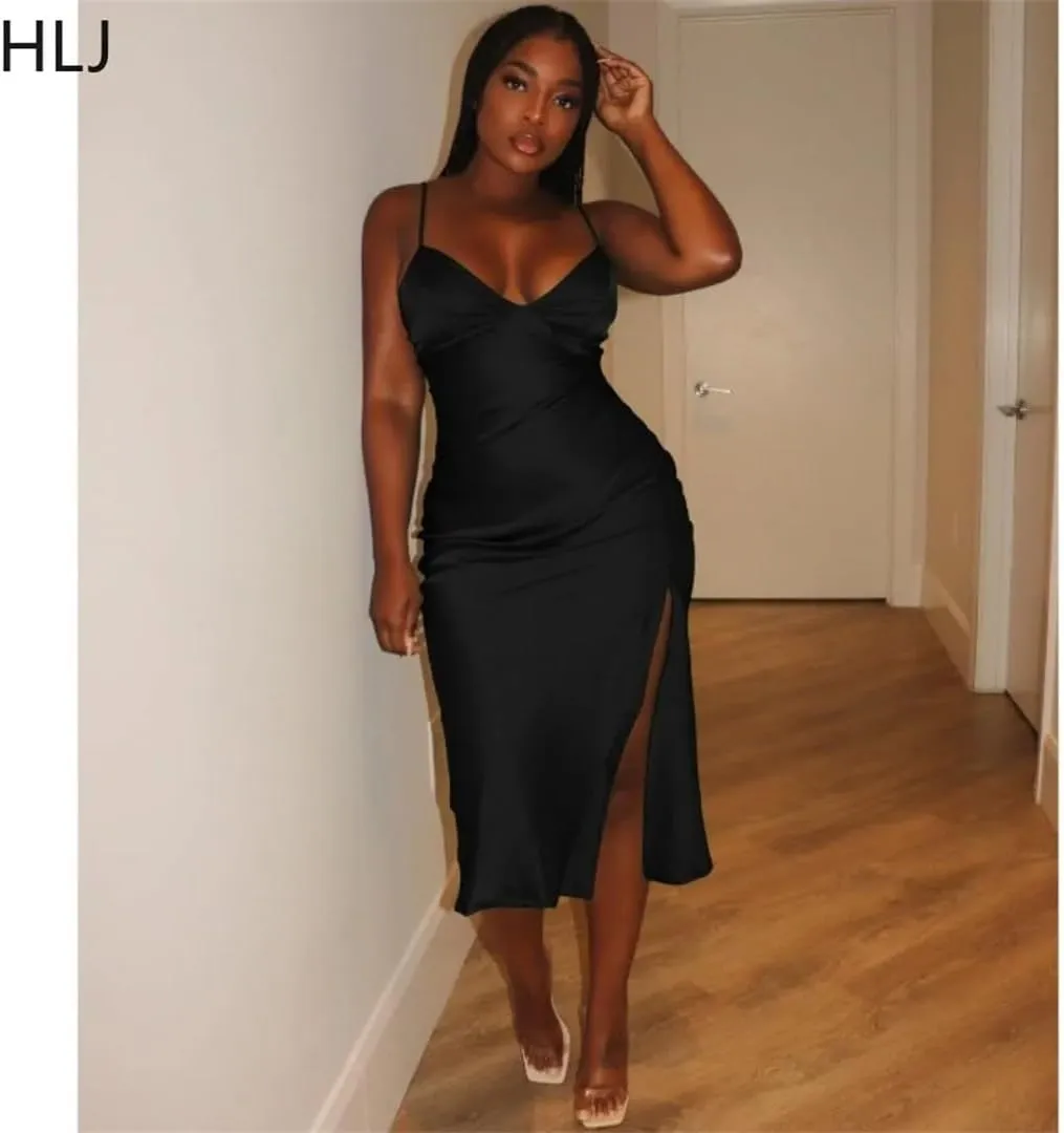 Spring V Neck Slit Suspenders Dresses Women Thin Strap Sleeveless Slim Vestidos Female Party Club Dresses