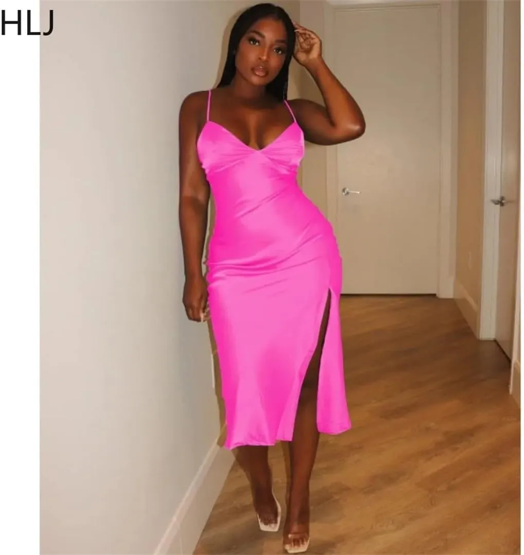 Spring V Neck Slit Suspenders Dresses Women Thin Strap Sleeveless Slim Vestidos Female Party Club Dresses