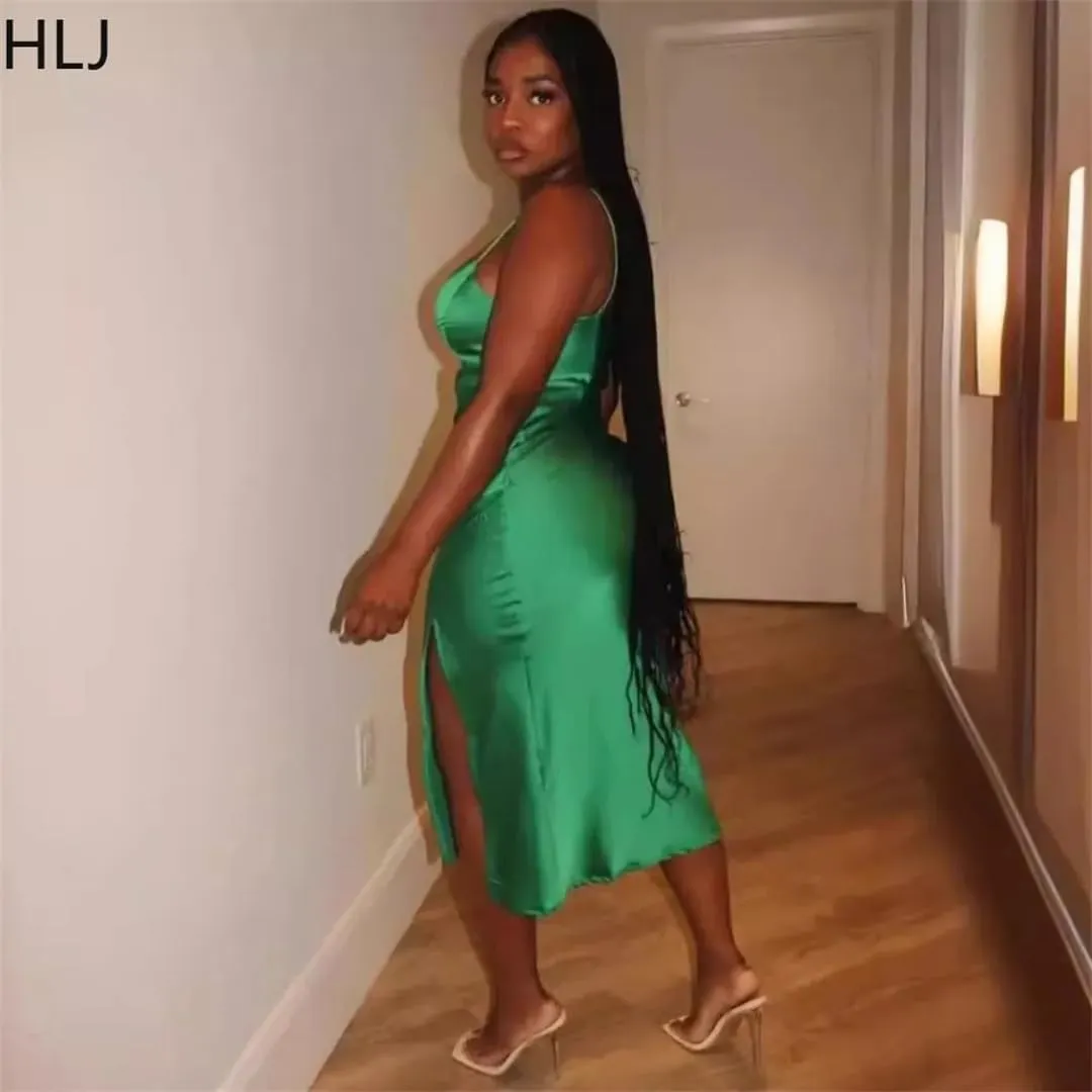 Spring V Neck Slit Suspenders Dresses Women Thin Strap Sleeveless Slim Vestidos Female Party Club Dresses