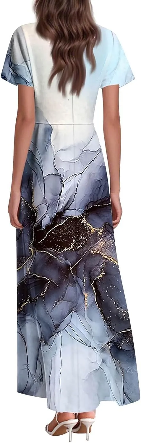 Summer Dresses for Women 2025 Elegant V-Neck Short Sleeve Flowy Dress Garden Floral Dress Vacation Holiday