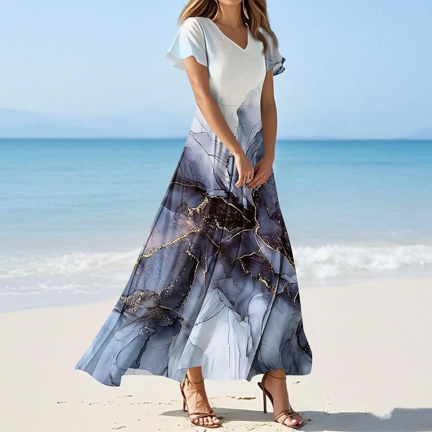 Summer Dresses for Women 2025 Elegant V-Neck Short Sleeve Flowy Dress Garden Floral Dress Vacation Holiday
