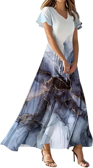 Summer Dresses for Women 2025 Elegant V-Neck Short Sleeve Flowy Dress Garden Floral Dress Vacation Holiday