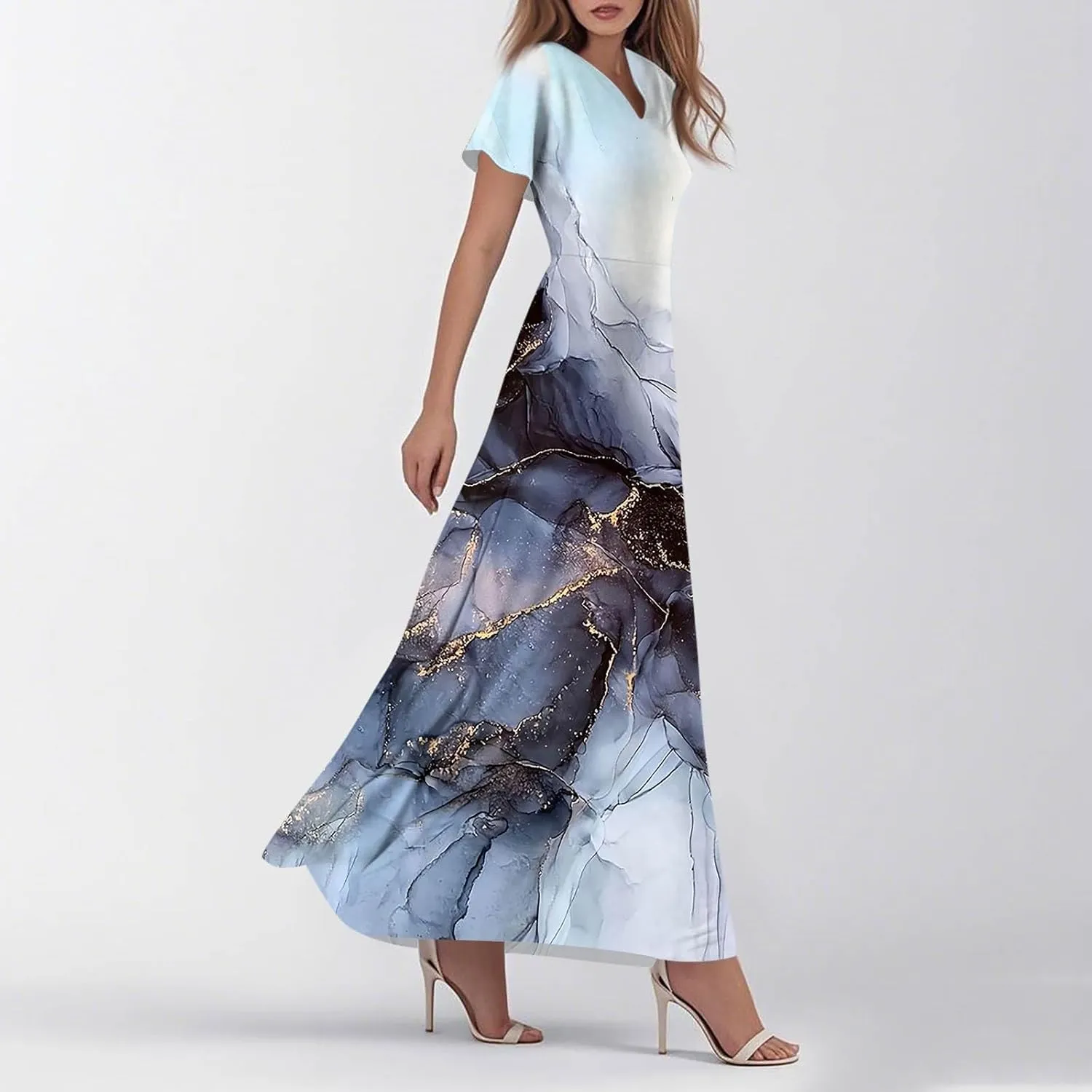 Summer Dresses for Women 2025 Elegant V-Neck Short Sleeve Flowy Dress Garden Floral Dress Vacation Holiday