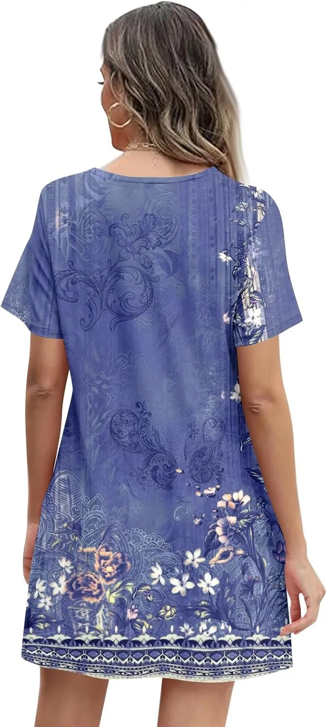 Summer Dresses for Women 2025 Round Neck Floral Short Sleeve Dress Casual T Shirt Dresses Pleated Front Beach Dress