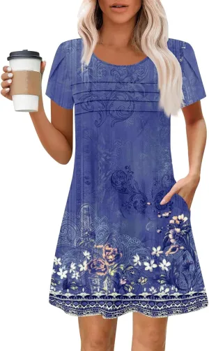 Summer Dresses for Women 2025 Round Neck Floral Short Sleeve Dress Casual T Shirt Dresses Pleated Front Beach Dress
