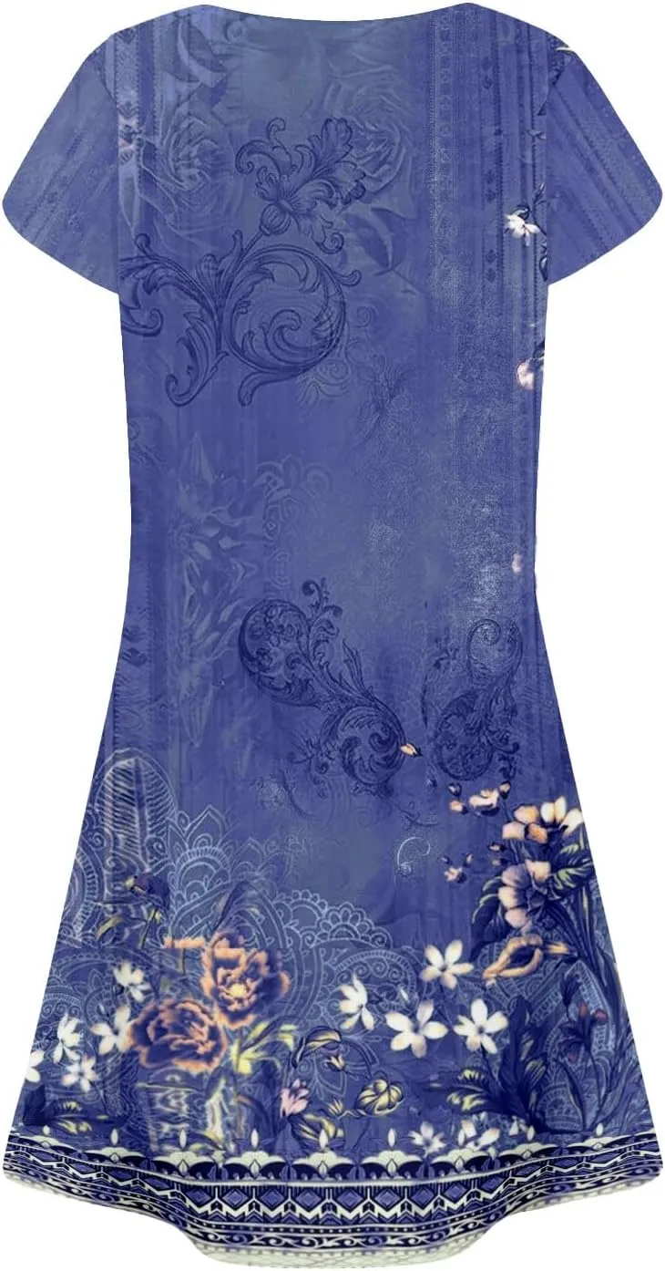 Summer Dresses for Women 2025 Round Neck Floral Short Sleeve Dress Casual T Shirt Dresses Pleated Front Beach Dress