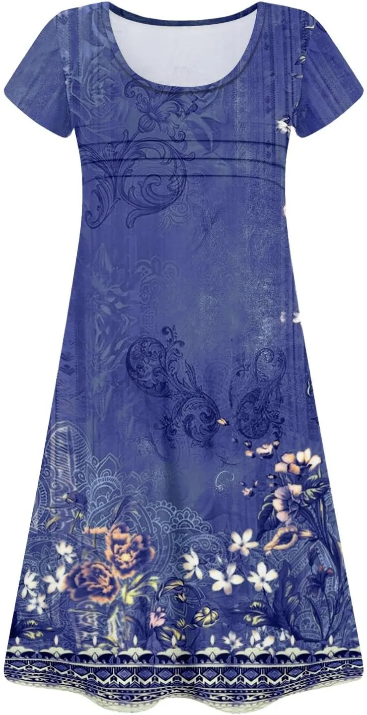 Summer Dresses for Women 2025 Round Neck Floral Short Sleeve Dress Casual T Shirt Dresses Pleated Front Beach Dress