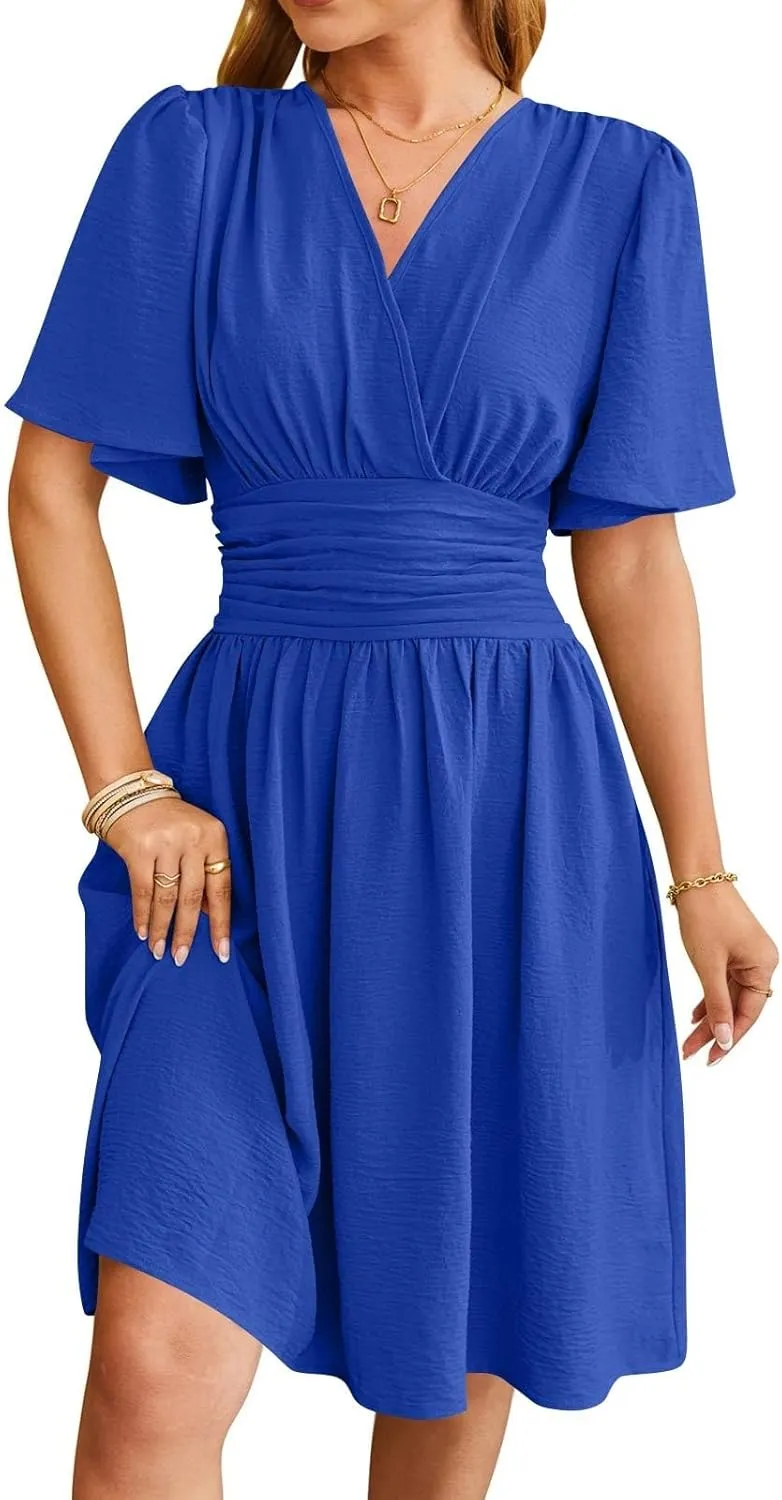 Summer Dresses for Women 2025 Sexy Date Night Cinched Waist Garden Party Concert Mini Brunch Trendy Short Sleeve Dress