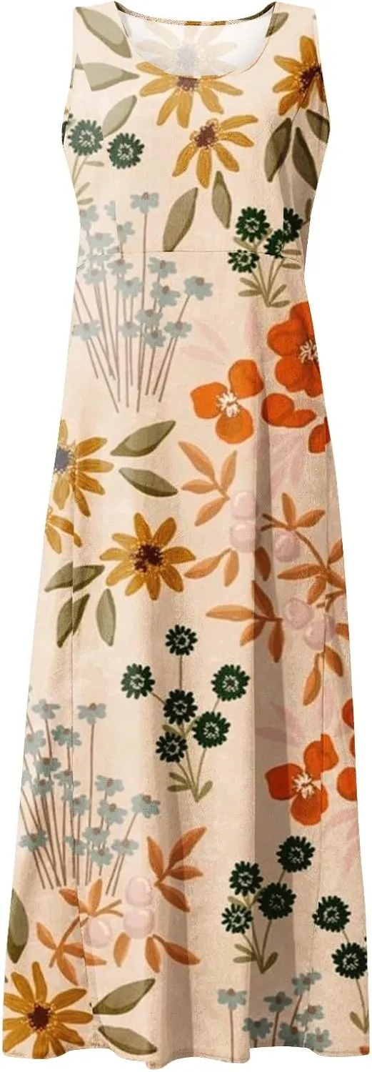 Summer Dresses for Women 2025,Linen Summer Sleeveless Solid Casual Baggy Flowy Maxi Vacation Long Dresses with Pockets