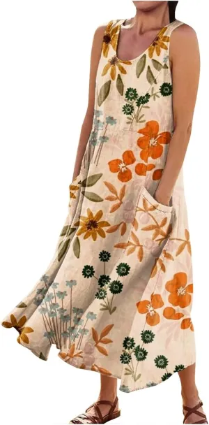 Summer Dresses for Women 2025,Linen Summer Sleeveless Solid Casual Baggy Flowy Maxi Vacation Long Dresses with Pockets