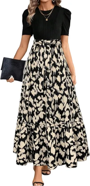 Summer Dresses for Women Elegant High Waist Maxi Dress Flowy Casual Long Dress A-Line Floral Printrd Dress with Belt