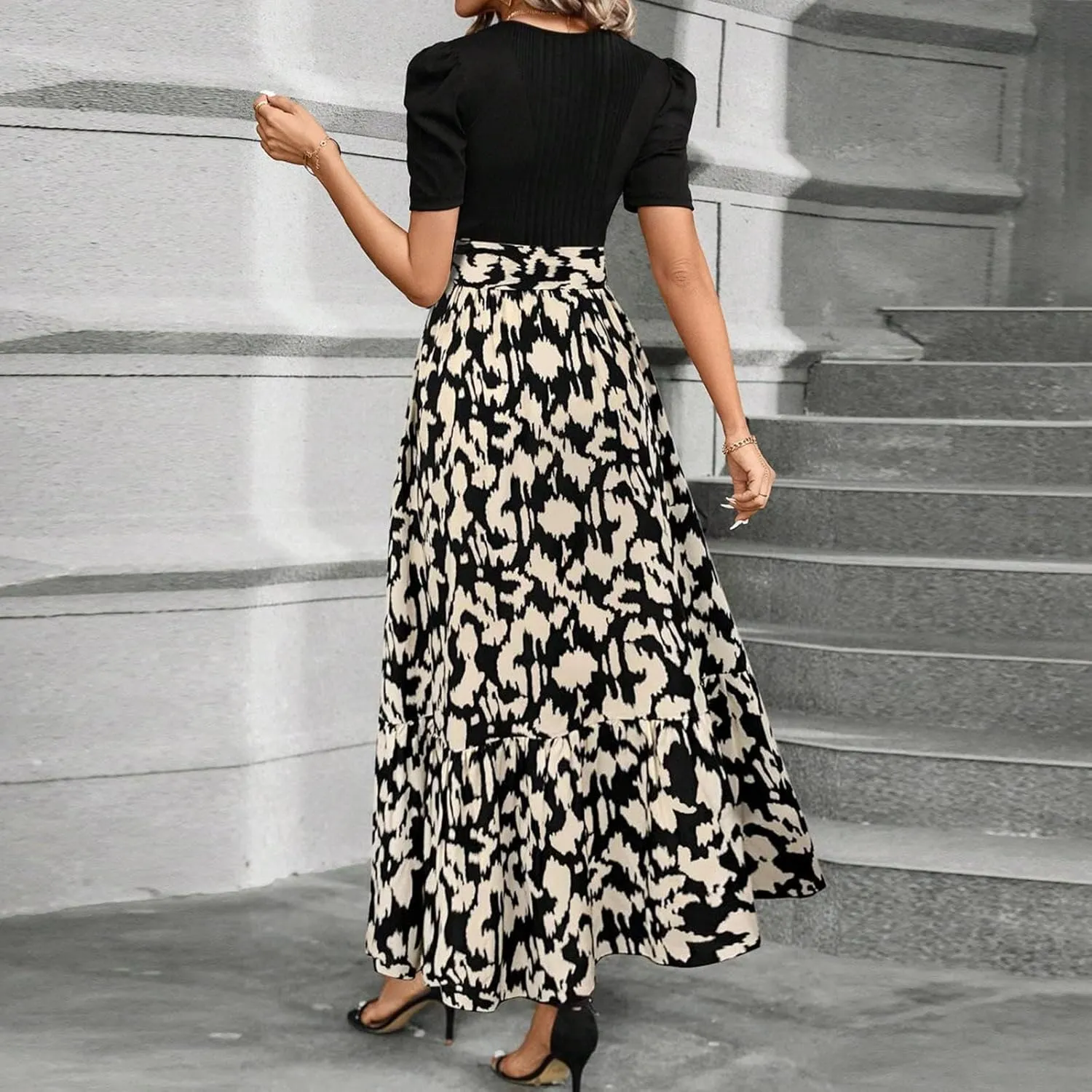 Summer Dresses for Women Elegant High Waist Maxi Dress Flowy Casual Long Dress A-Line Floral Printrd Dress with Belt