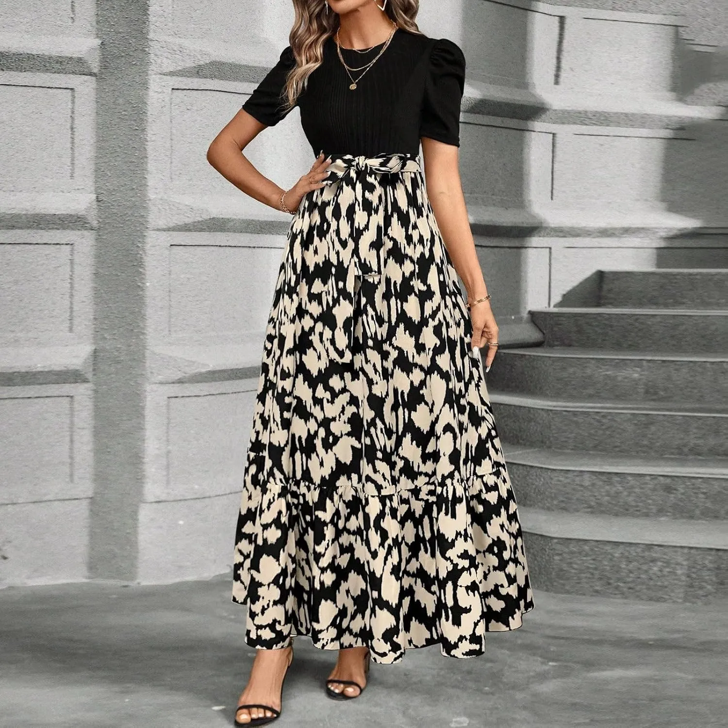 Summer Dresses for Women Elegant High Waist Maxi Dress Flowy Casual Long Dress A-Line Floral Printrd Dress with Belt
