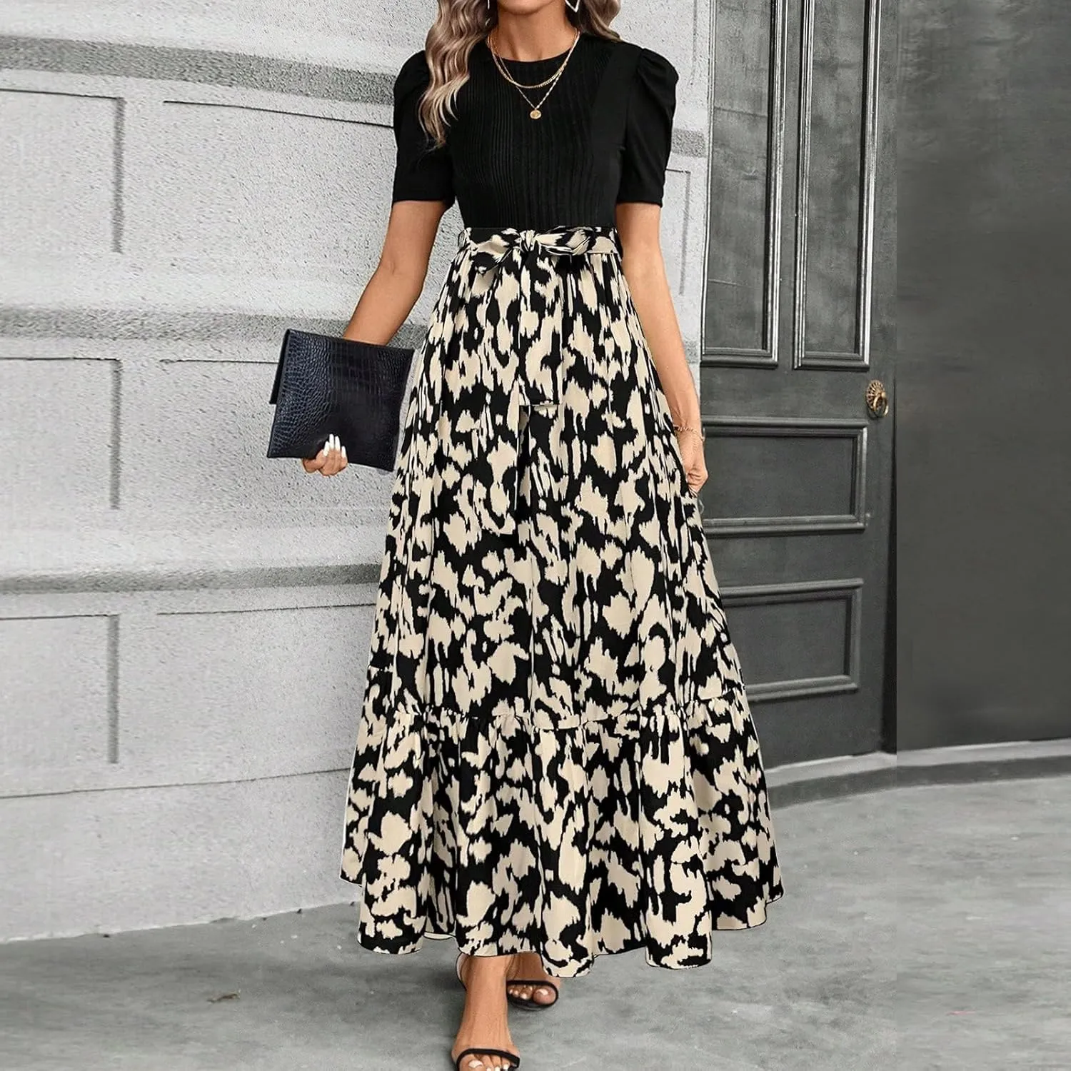 Summer Dresses for Women Elegant High Waist Maxi Dress Flowy Casual Long Dress A-Line Floral Printrd Dress with Belt