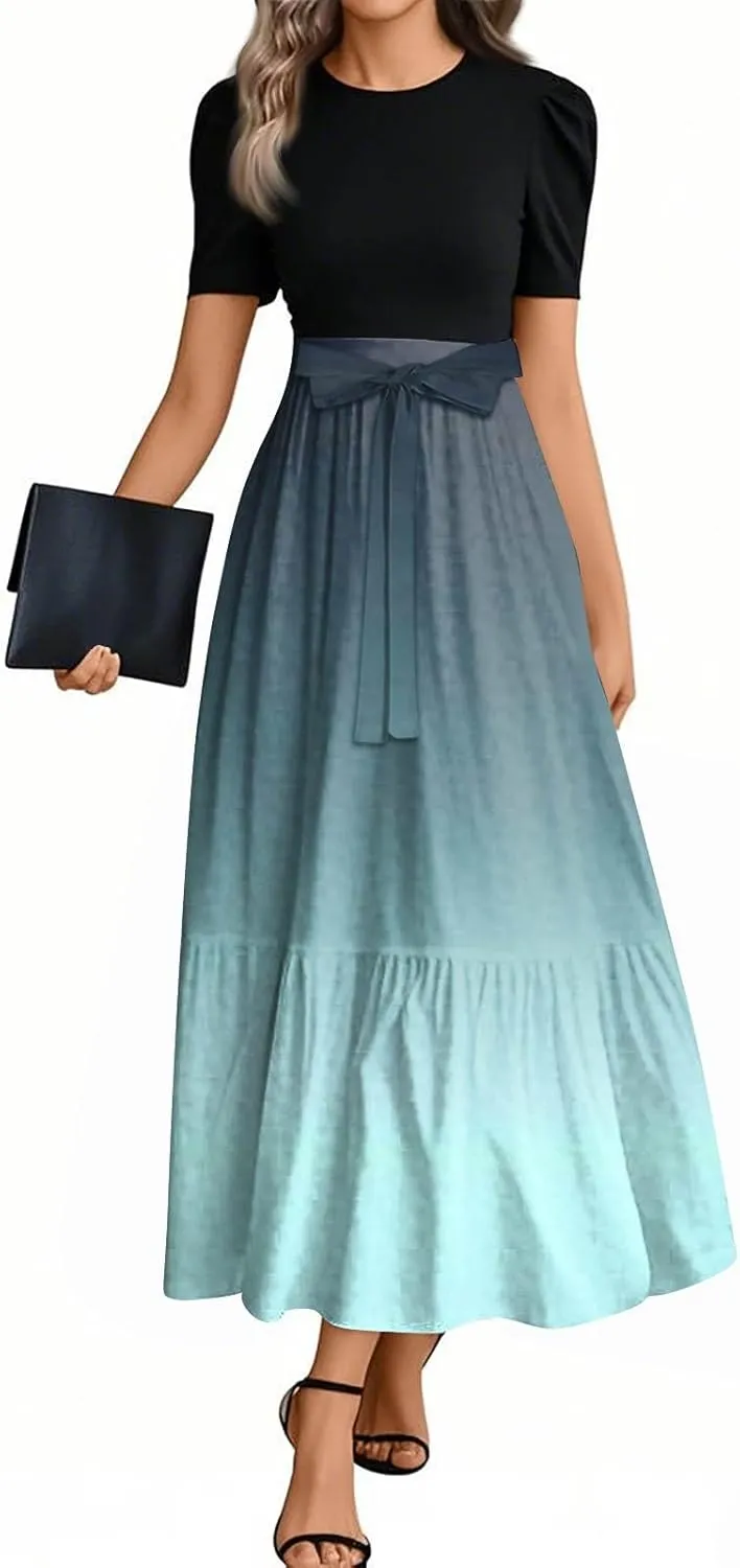 Summer Dresses for Women Floral Print Flowy Dress Patchwork Empire Waist Short Sleeve Dress Tie Belted Maxi Dress