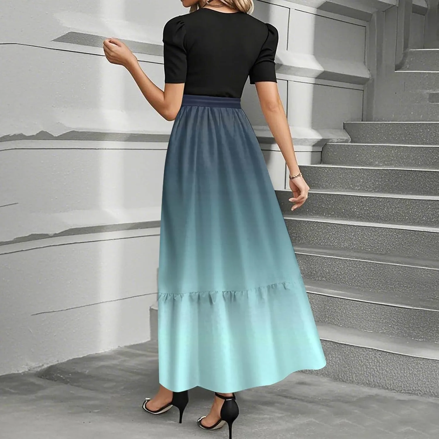 Summer Dresses for Women Floral Print Flowy Dress Patchwork Empire Waist Short Sleeve Dress Tie Belted Maxi Dress