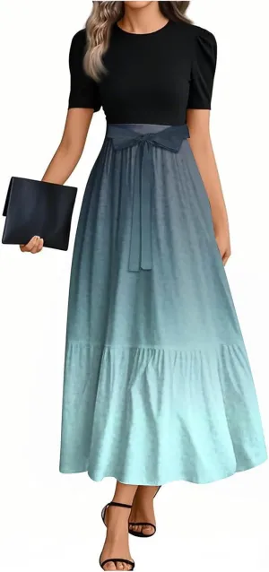 Summer Dresses for Women Floral Print Flowy Dress Patchwork Empire Waist Short Sleeve Dress Tie Belted Maxi Dress
