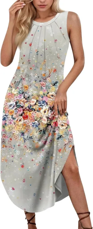 Summer Dresses for Women Loose Sundresses Prited Beach Tshirt Tank Dresses Casual Sleeveless Maxi Long Dress with Pockets
